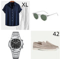 Men's casual cotton linen beachwear suit set with short sleeve shirt, shorts, glasses, shoes and watch