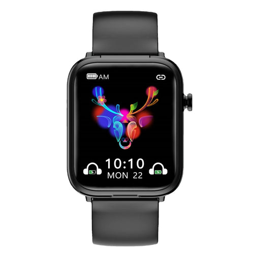 Black all-touch smart watch body with zinc alloy case, 1.69 inch screen, and integrated bluetooth headset features showing IP67 waterproof rating.
