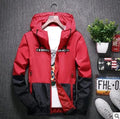 Mens hooded slim fit stripe jacket in blue on model for casual spring wear