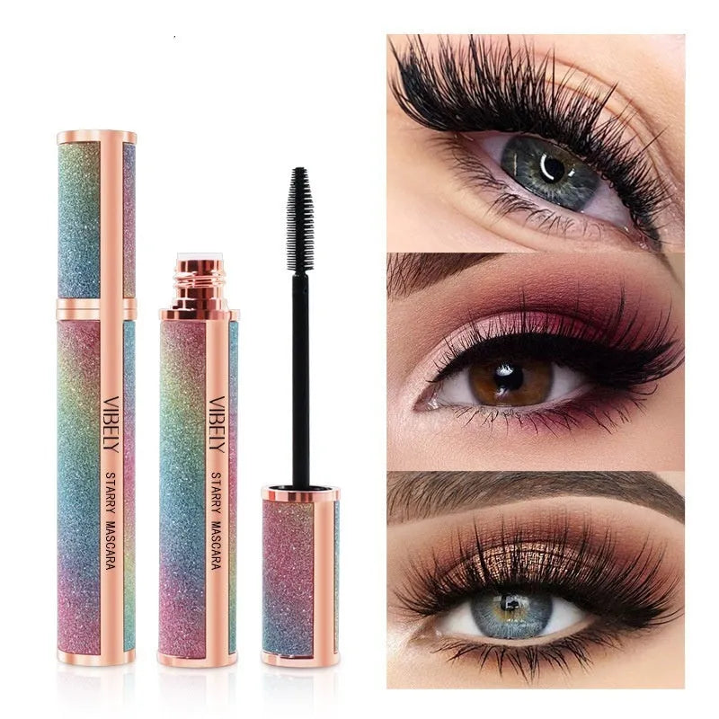 Black 4D waterproof mascara tube showing length and thickness effect on lashes