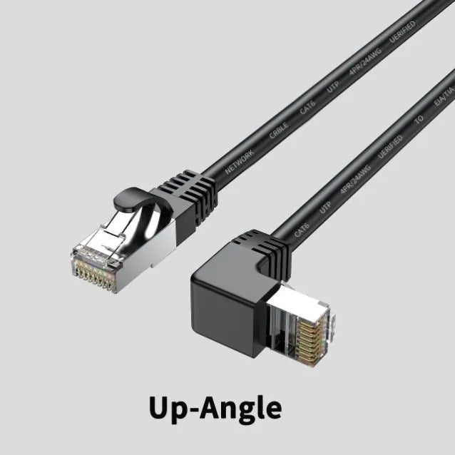 Cat6 Ethernet cable with angled RJ45 connectors in various colours and lengths on a grey background
