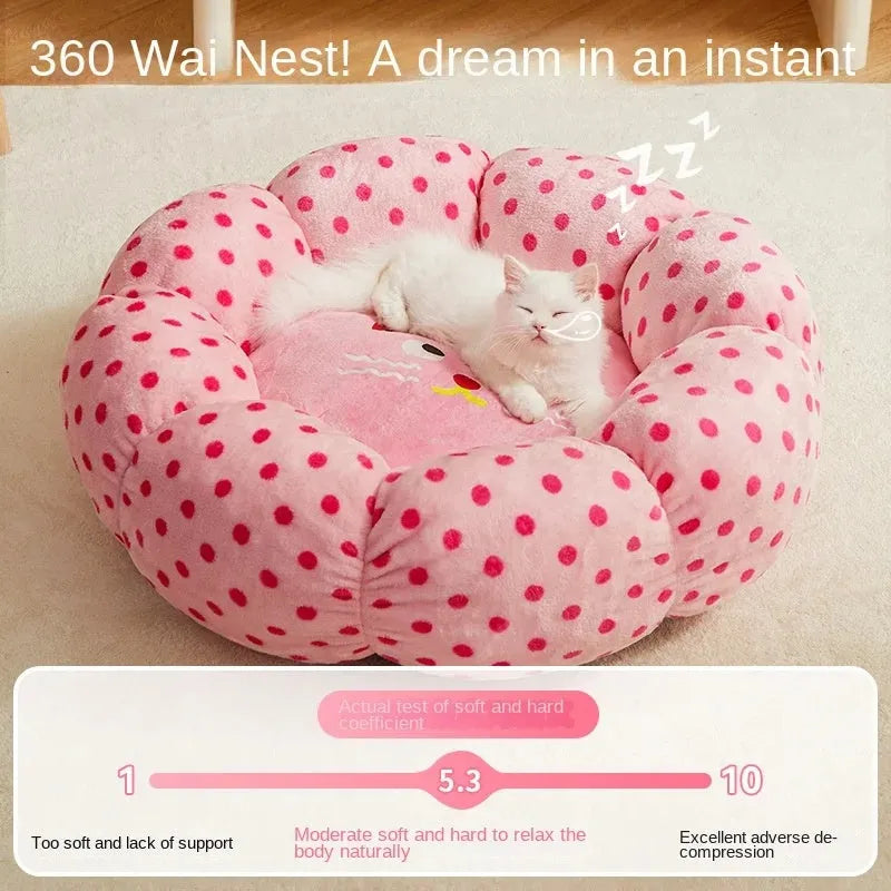 Round pink cat bed with dot pattern and cushion for indoor sleeping