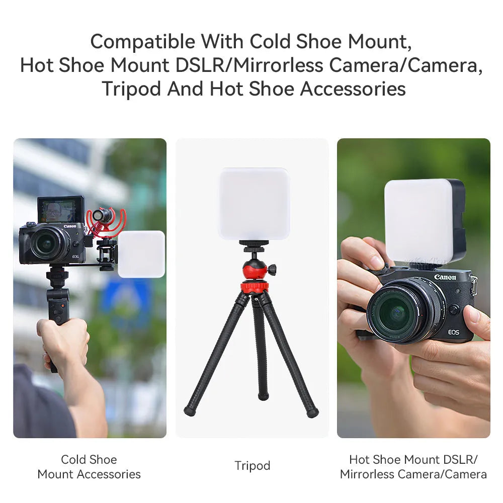 Mini square outdoor camera flash on a small tripod with a rotatable head