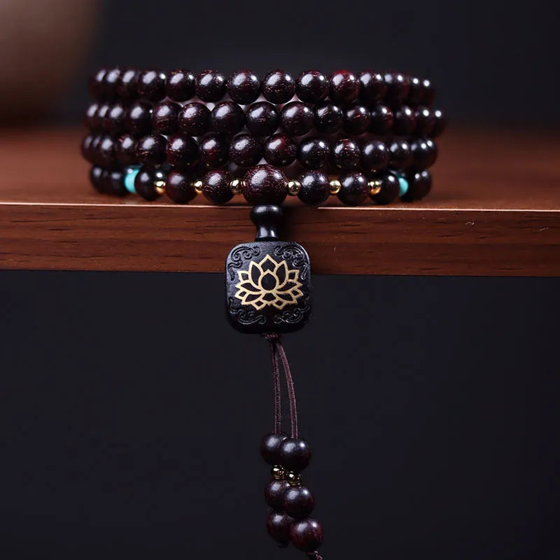 Zambia rosewood DIY Buddha beads bracelet kit with 108 wooden beads and flat lotus pendant