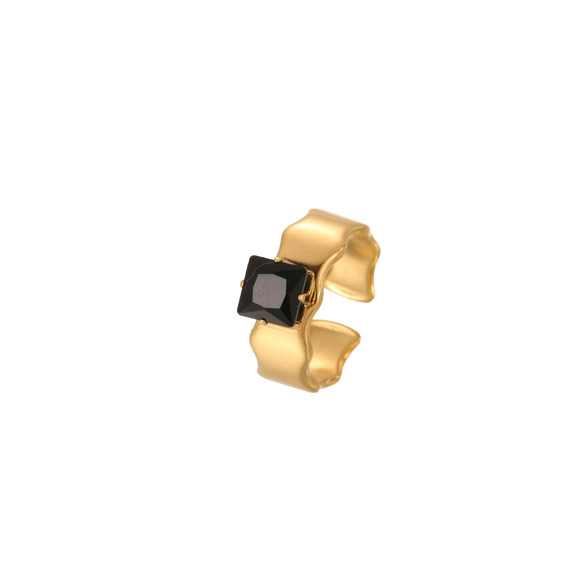Open mouth adjustable titanium steel ring with geometric design and inlaid zircon details