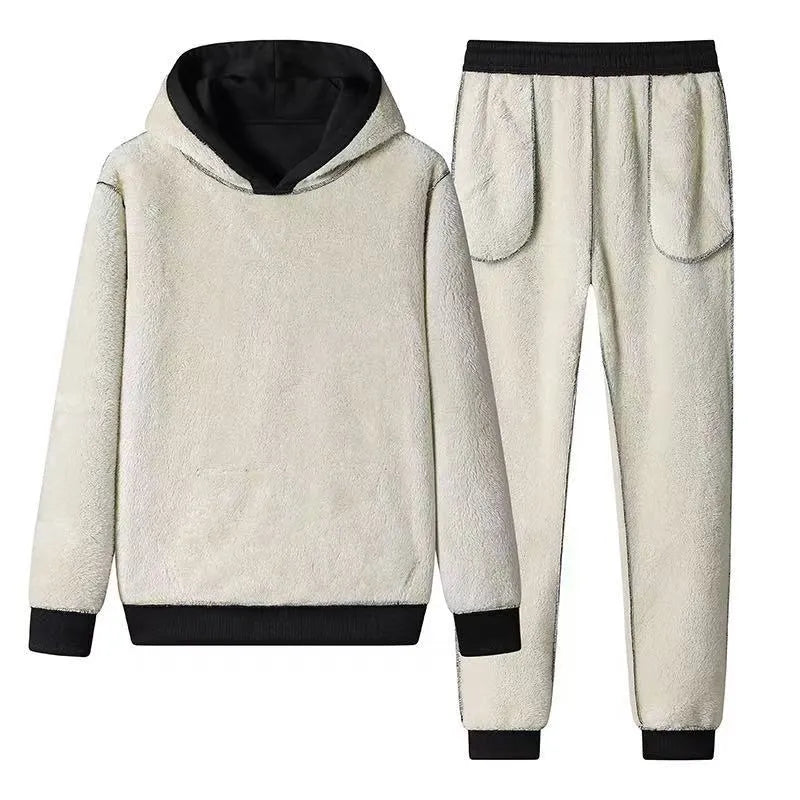 Fleece-lined thickened men's tracksuit set with hooded top and long pants in dark gray rabbit hair fabric