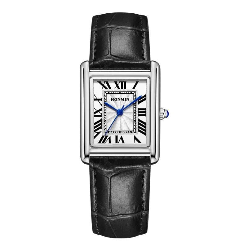 Couple leather watch with square dial, 7mm thickness, waterproof, in gold and black colour option on a white background