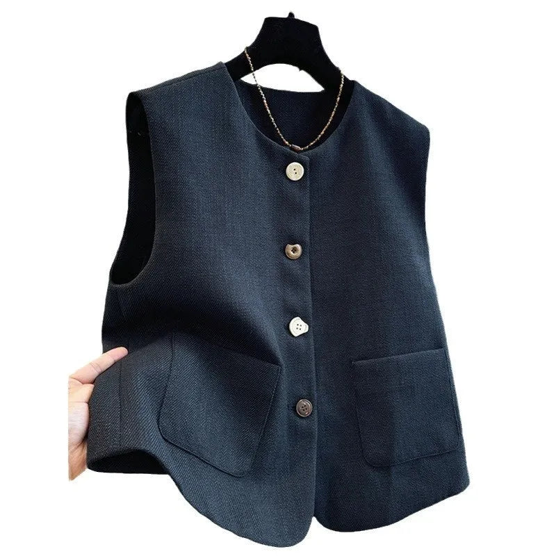 Women's round neck sleeveless vest in polyester with French bandage style, shown in milky white and black colours