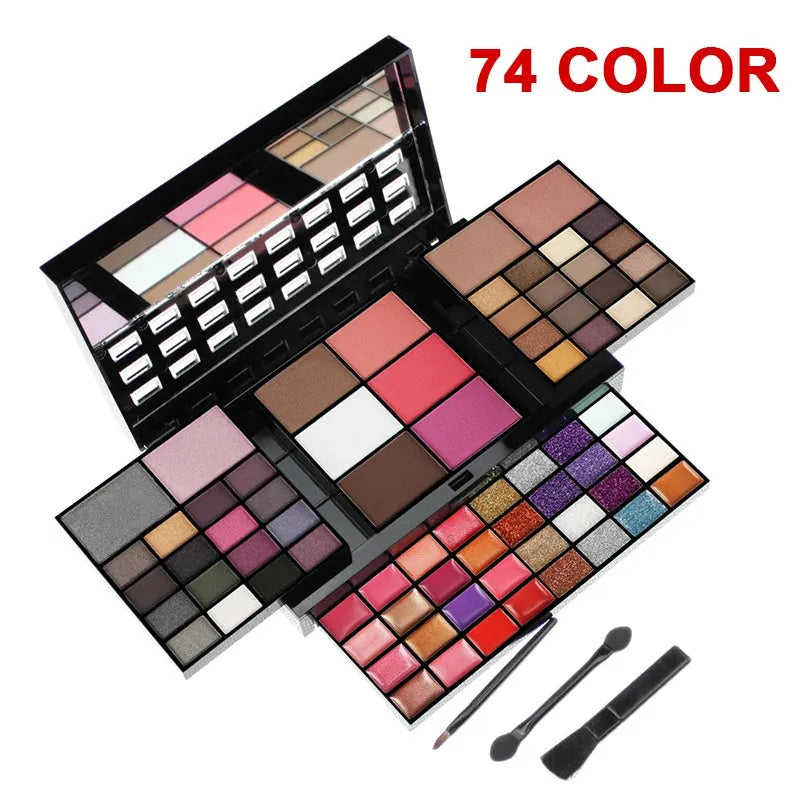 74 colour makeup palette set with four layers showing eyeshadows, lip glosses, and face powders with brushes