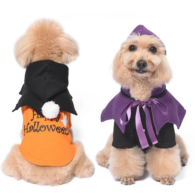 Halloween pumpkin two-piece dog costume sweater and shawl set in black and orange