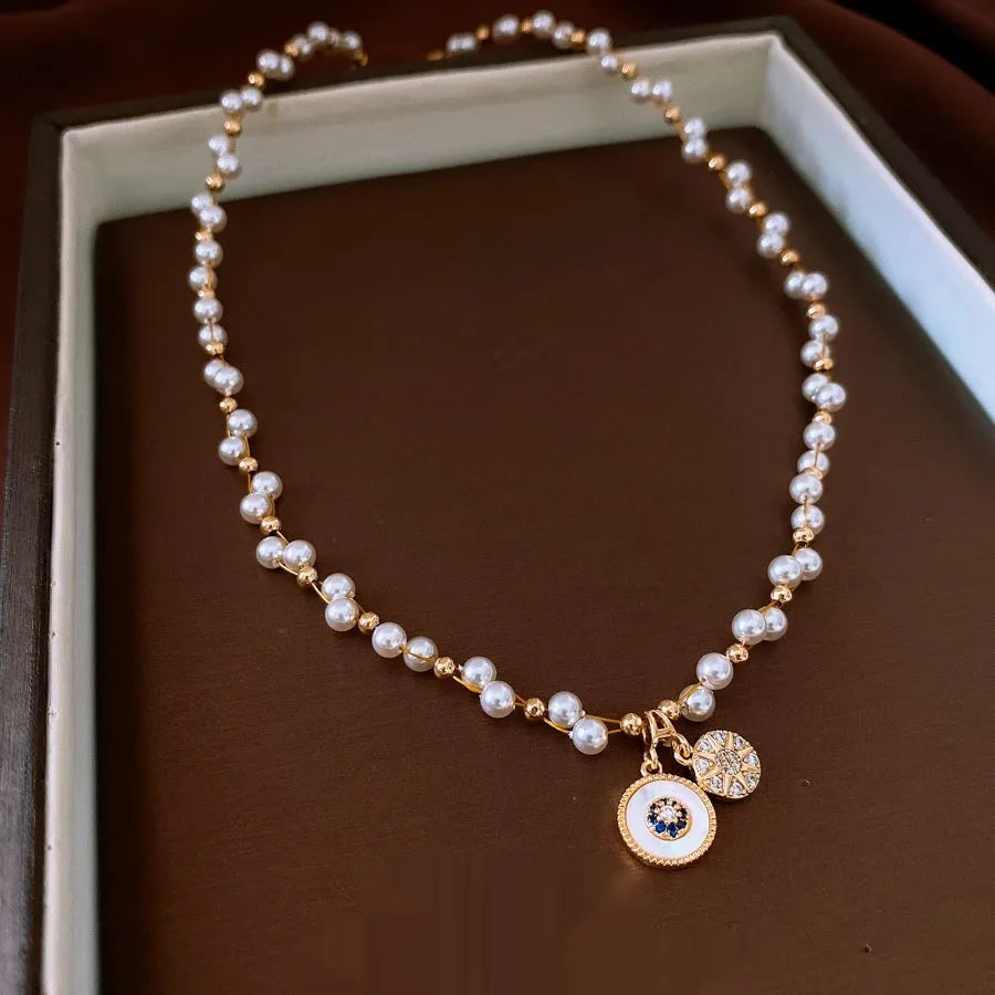 Gold electroplated clavicle necklace with round zircon pearl pendant, adjustable 41-50cm chain