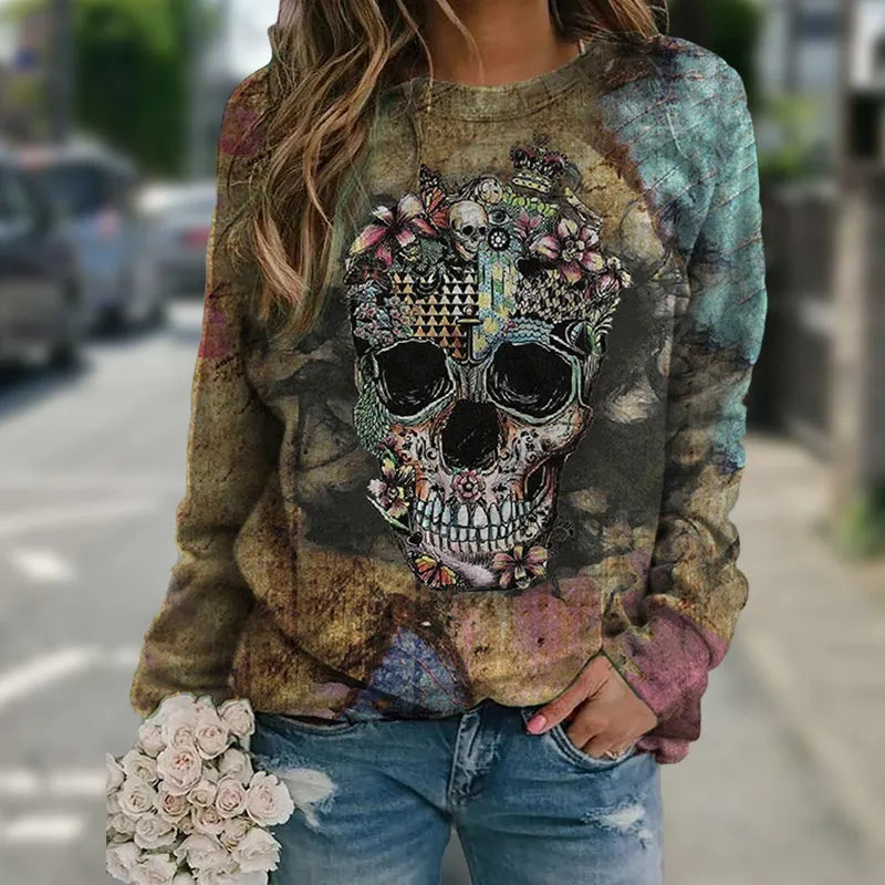 Black long sleeve sweatshirt with a printed skull design on the front.