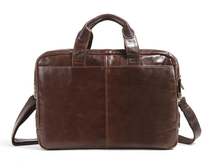 Brown leather men's business briefcase with 18-inch dimensions and polyester cotton lining