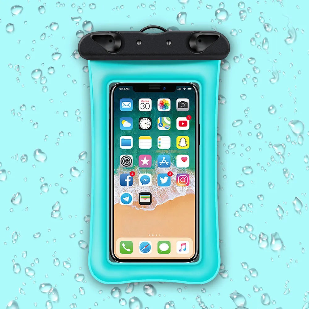 Orange waterproof phone pouch with black neck rope on a blue background.