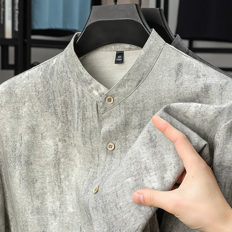 Men's loose linen shirt with stand collar in thin viscose blend fabric