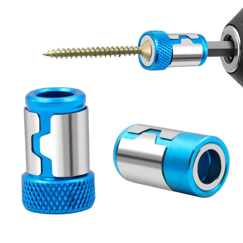 Light blue magnetic screwdriver bit for slotted screws on a plain background.