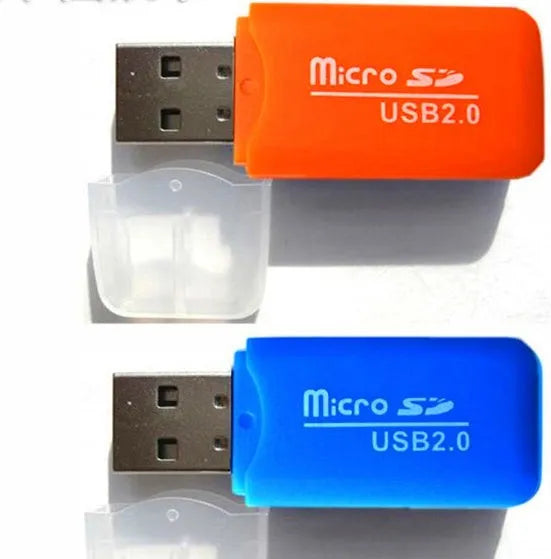 Mini USB card reader for TF MicroSD cards with an SD card size adapter.