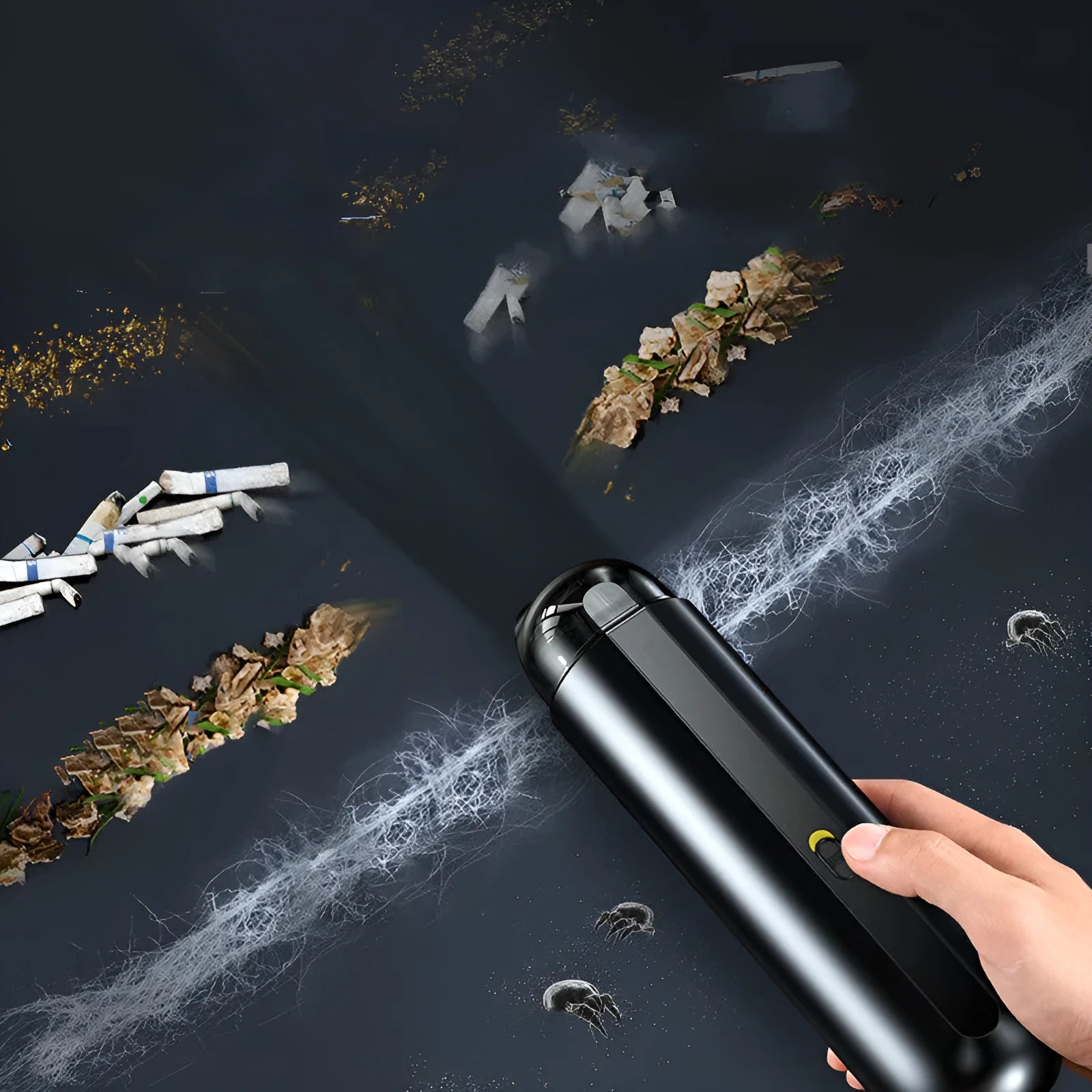 Black handheld wireless car vacuum cleaner with nozzle and blowing hose accessory