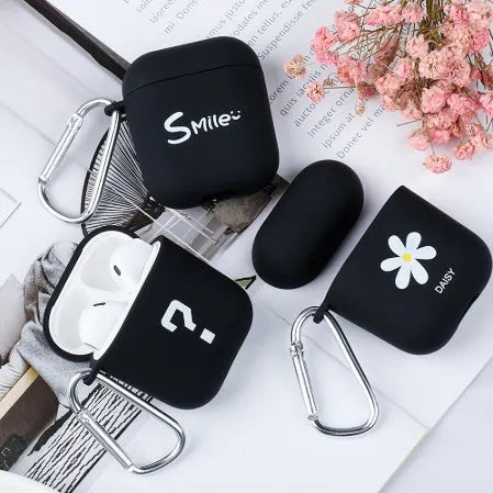 PC back cover for AirPods case with decorative designs including Flower and Smiley face options
