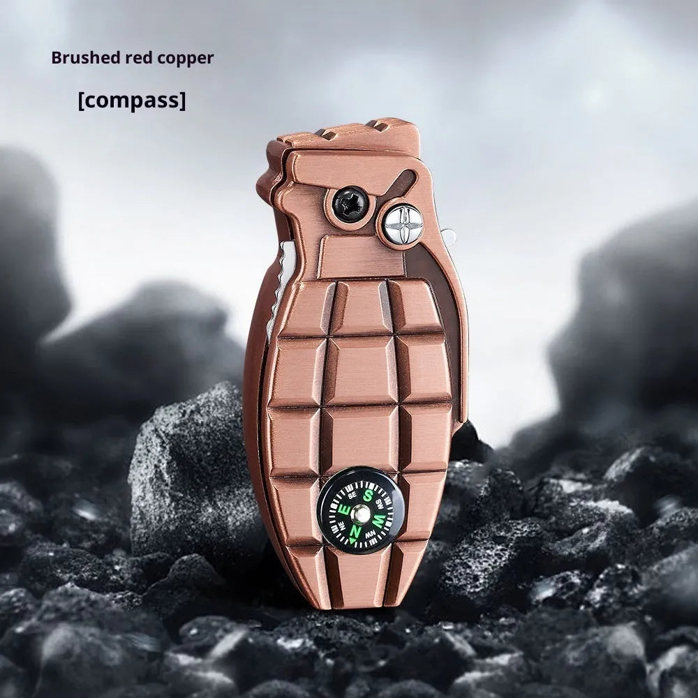 Grenade-shaped windproof metal lighter with knife, Antique Silver brushed finish