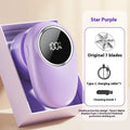 Beige and purple digital fur ball trimmer devices with removable cutter heads on a fabric background