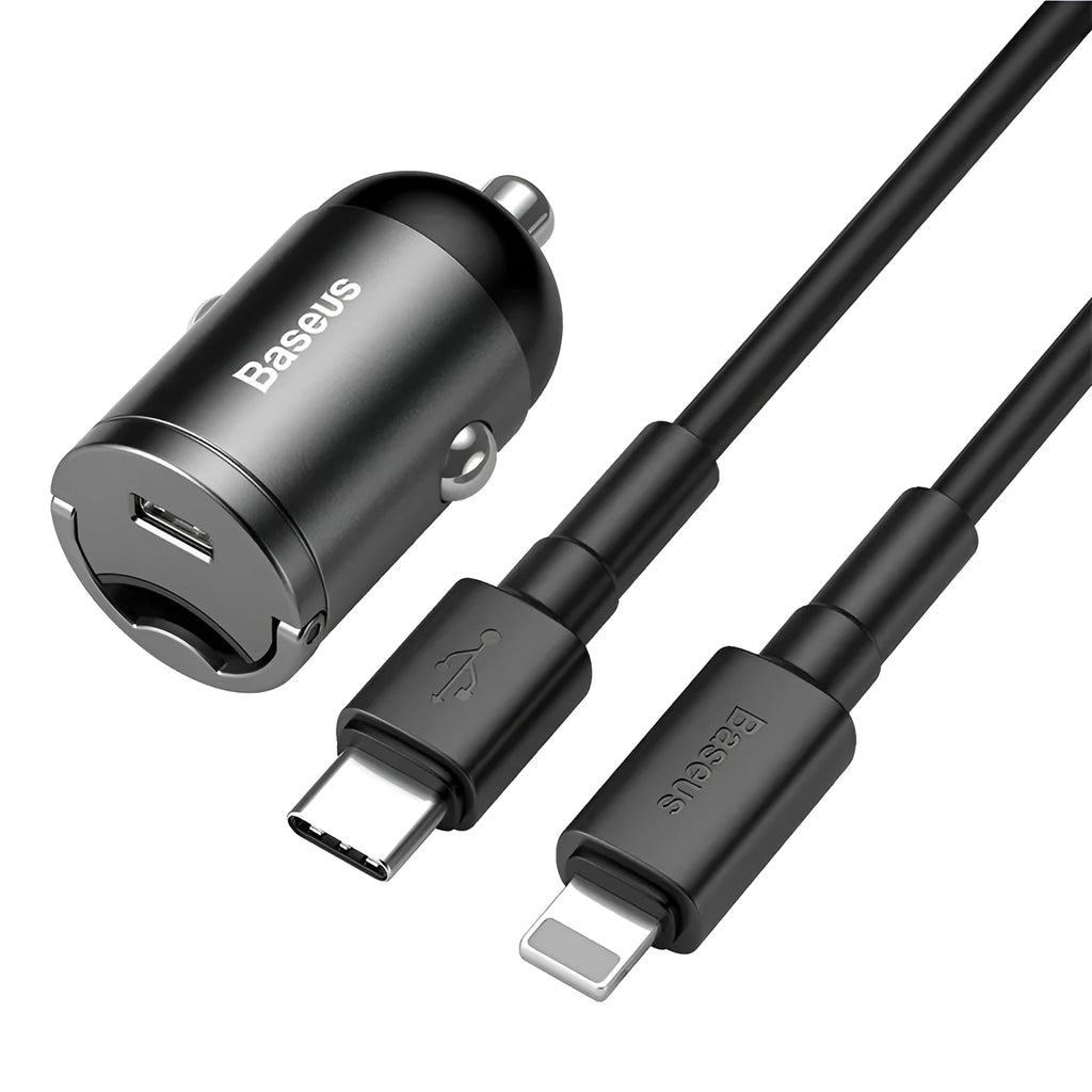 Electro-optical grey car charger with 1 metre cable showing USB interface