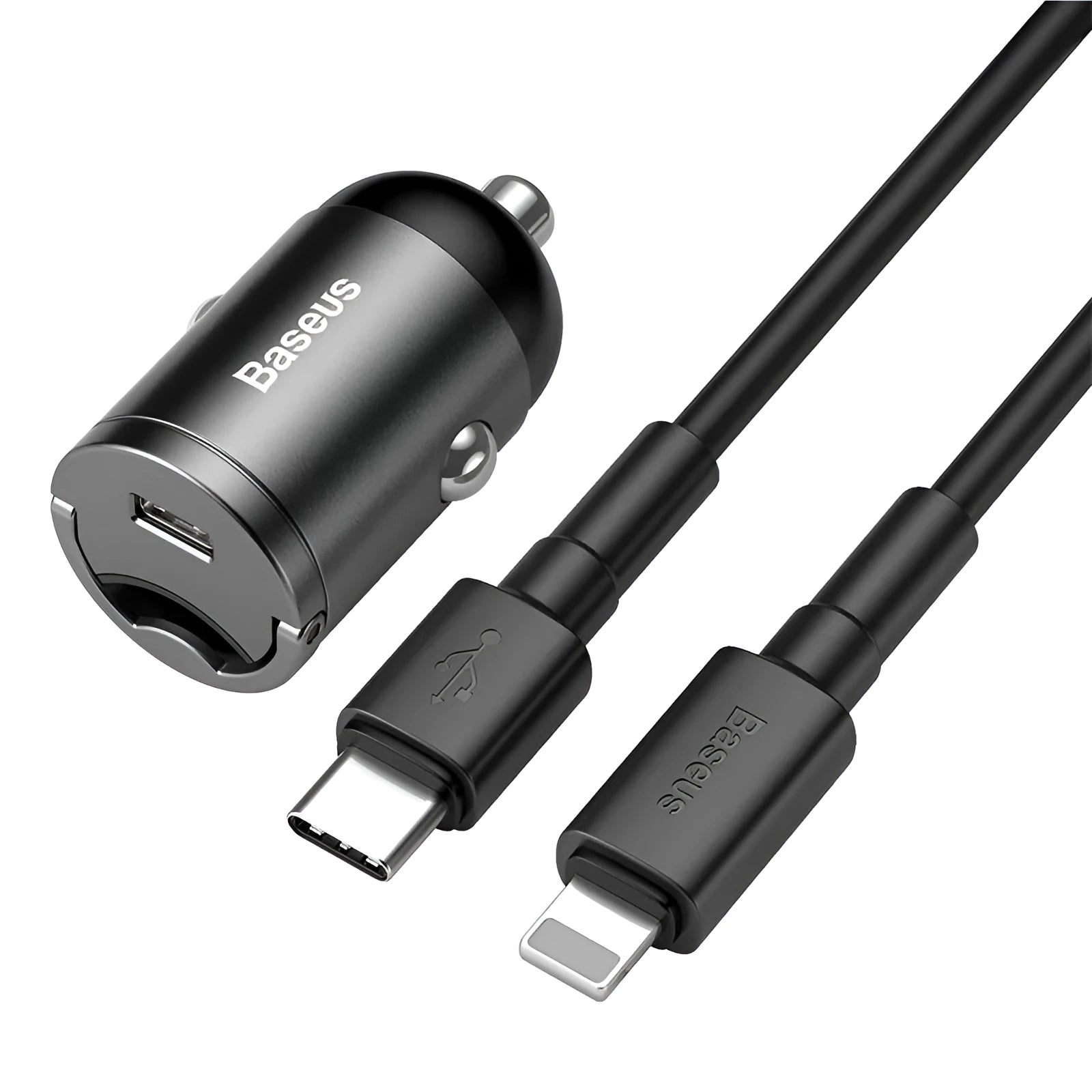 Electro-optical grey car charger with 1 metre cable showing USB interface