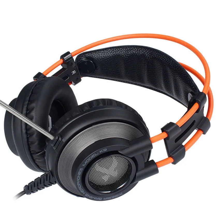 K9 wired gaming headset with noise cancelling microphone, 3.5mm plug, in black and orange colours