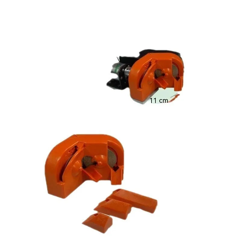 Portable manual grinding sander tool with orange and black irregular grinding wheels