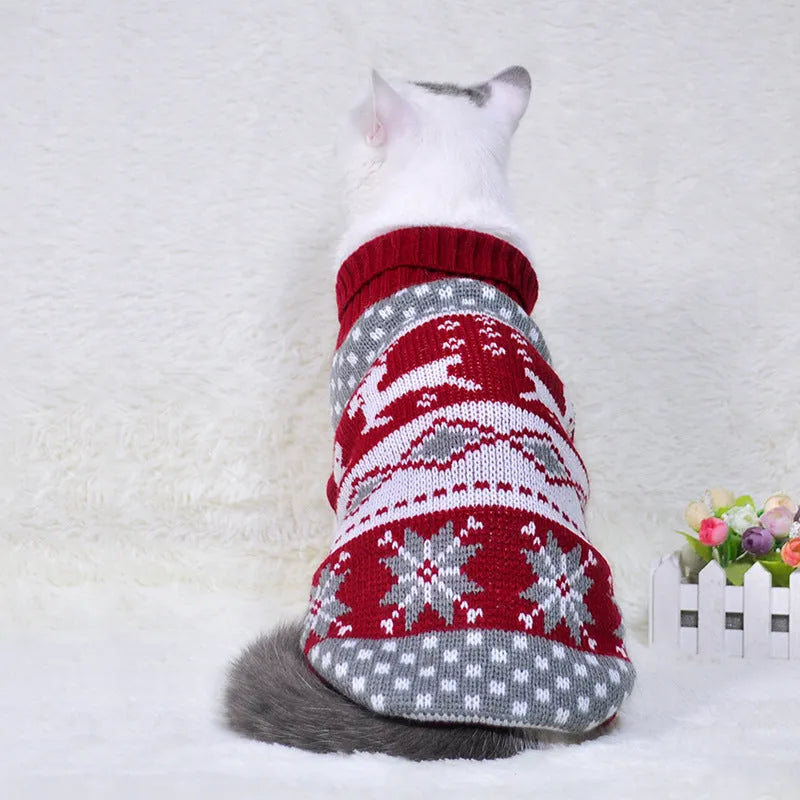 Acrylic pet sweater with high collar in Christmas tree deer big red colour on a dog, side view