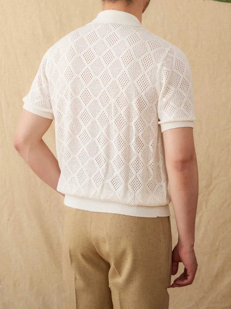 Cotton short sleeve cardigan with front zipper and hollow out pattern in light brown colour
