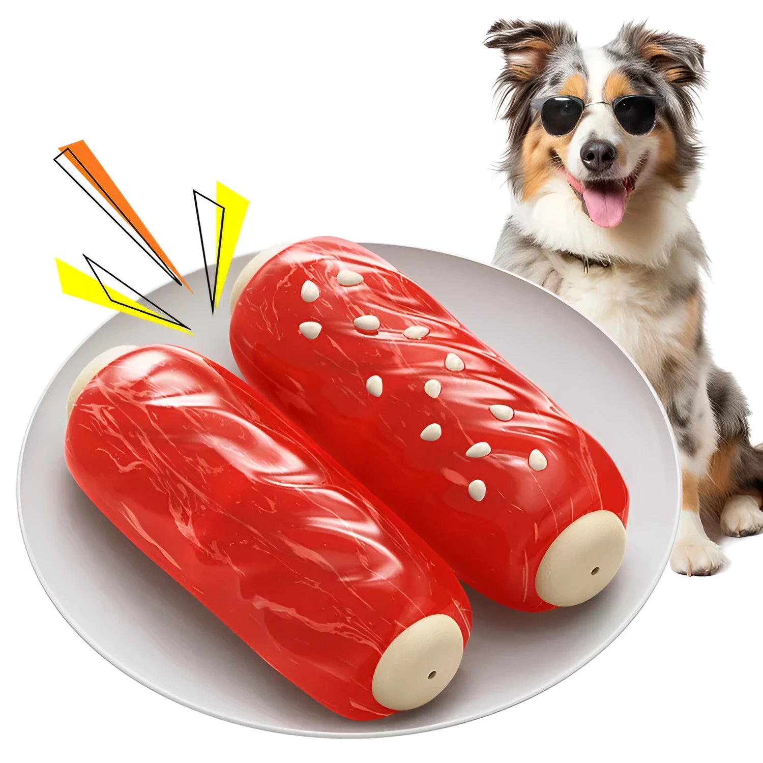 Primary colour plastic dog toy with a molar rod and glue toothbrush attachment for paste.
