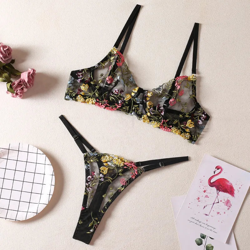 Floral mesh bra set with steel ring T-back detail in polyester available in five colours