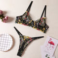 Floral mesh bra set with steel ring T-back detail in polyester available in five colours