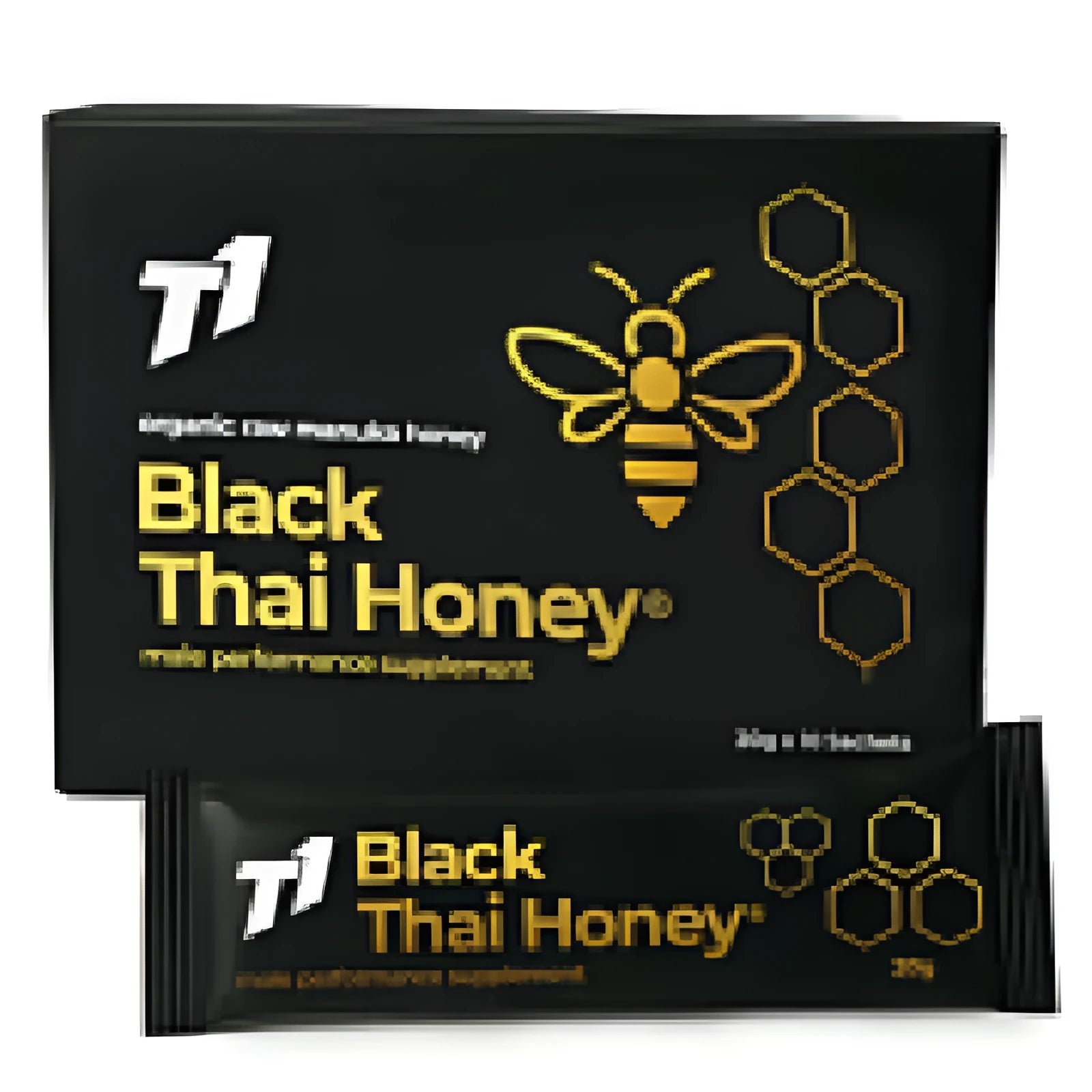 A 1kg glass jar of dark-coloured T1 Black Thai Honey with a label.