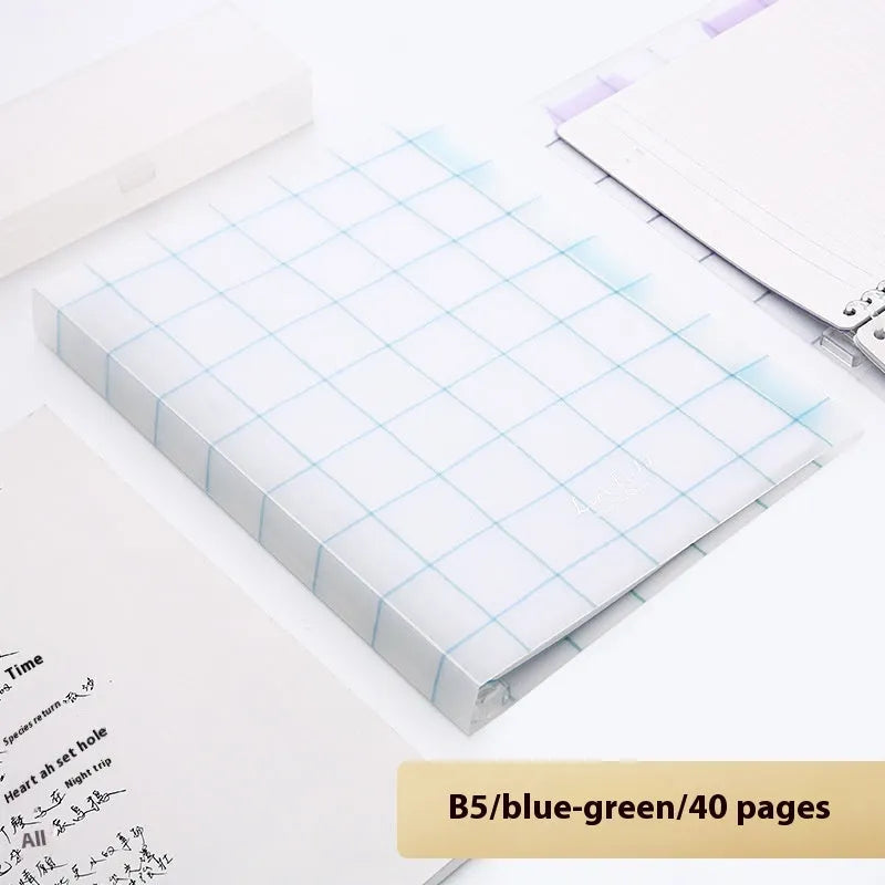 Loose-leaf spiral notebook with PP cover open, showing raw wood pulp pages in A5 or B5 size.