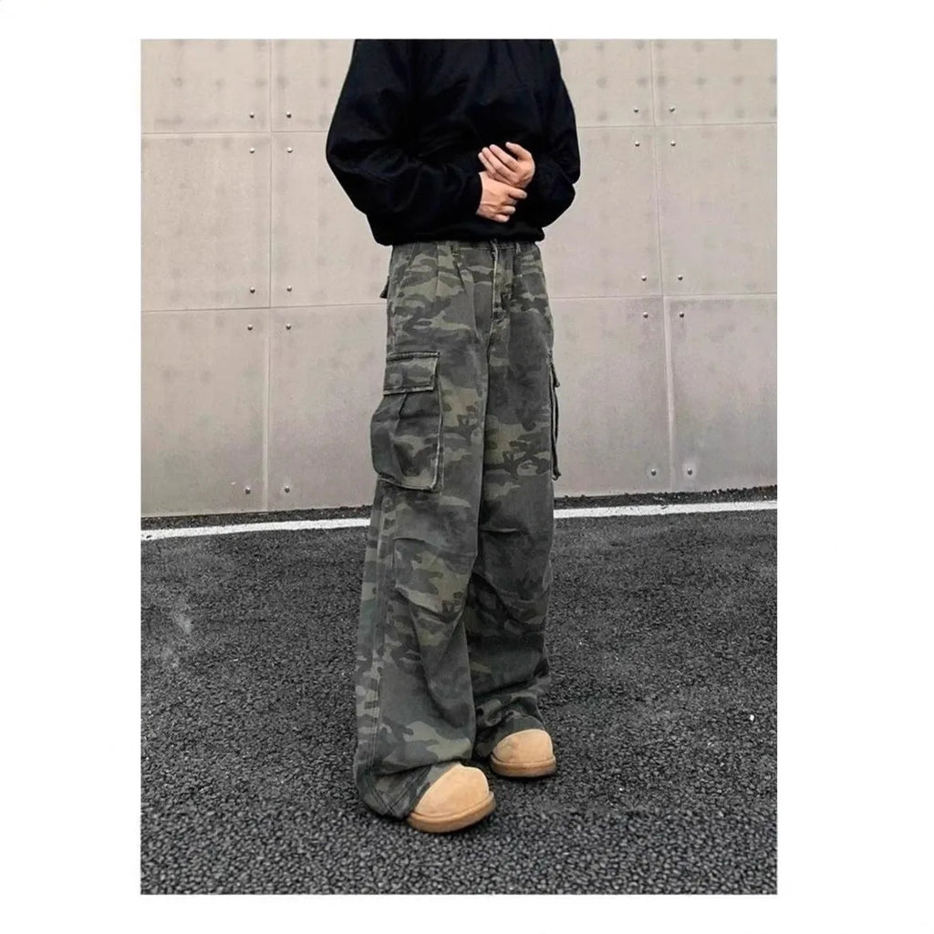 American vintage washed camouflage cargo pants with multiple pockets on a mannequin.