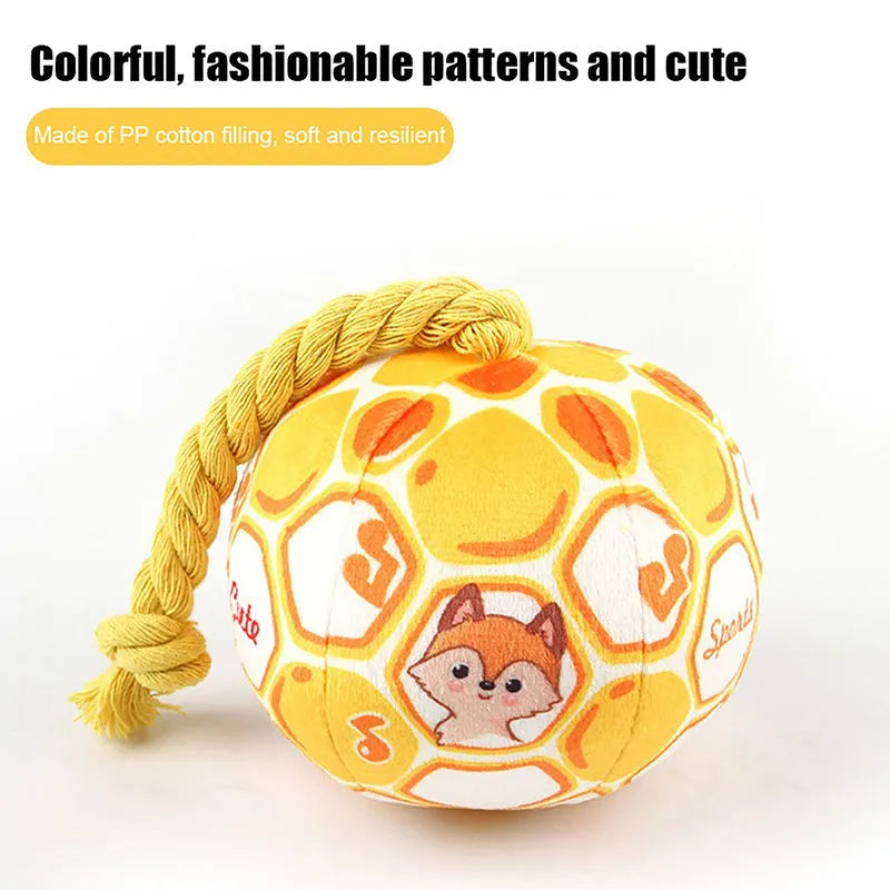 Blue and yellow elastic football dog tug toy with cotton rope construction for interactive play