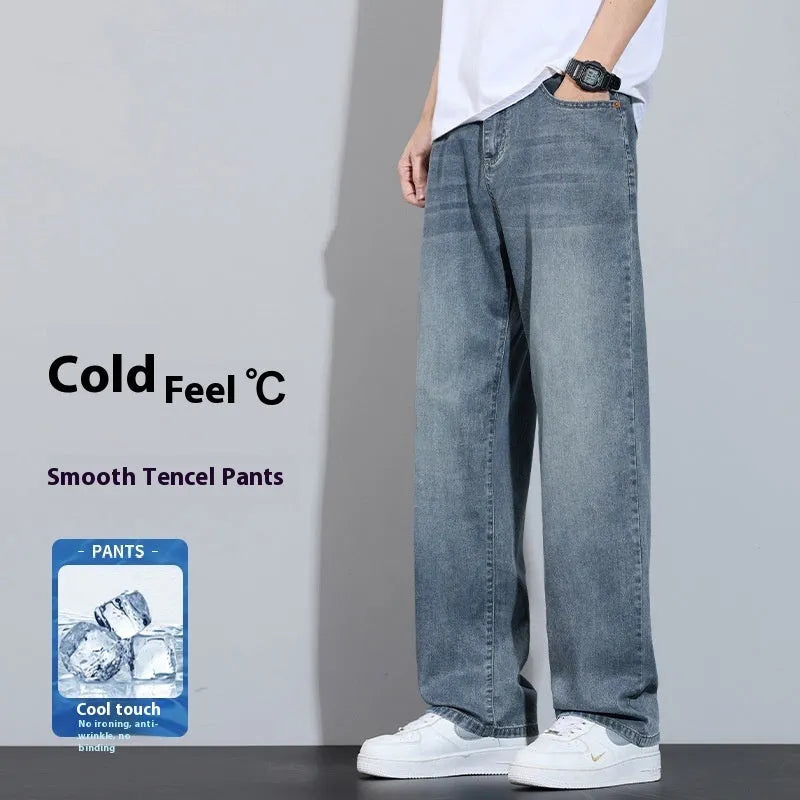 Straight leg casual trousers in denim ice silk fabric with wide leg cut
