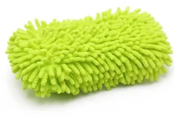 Silvery green car wash sponge measuring 14cm by 25cm with chenille microfiber spiral wool construction