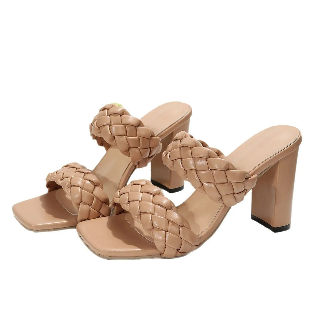 Women's apricot square toe flip flops with chunky heel and woven twisted design on a white background.