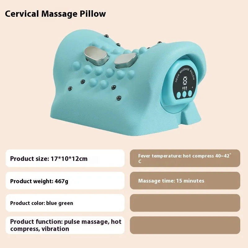 Blue-green portable EMS massage pillow with hot compress for shoulder and neck relief