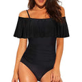 Black one-piece swimsuit with cut-out detail and ruffled straps on a mannequin.