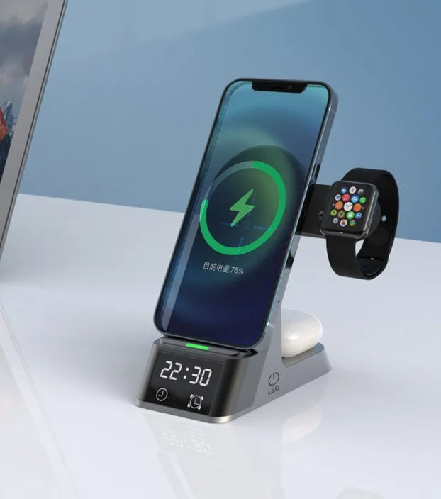 Black multifunctional alarm clock wireless charger showing digital display and charging pads for phone, watch, and earbuds