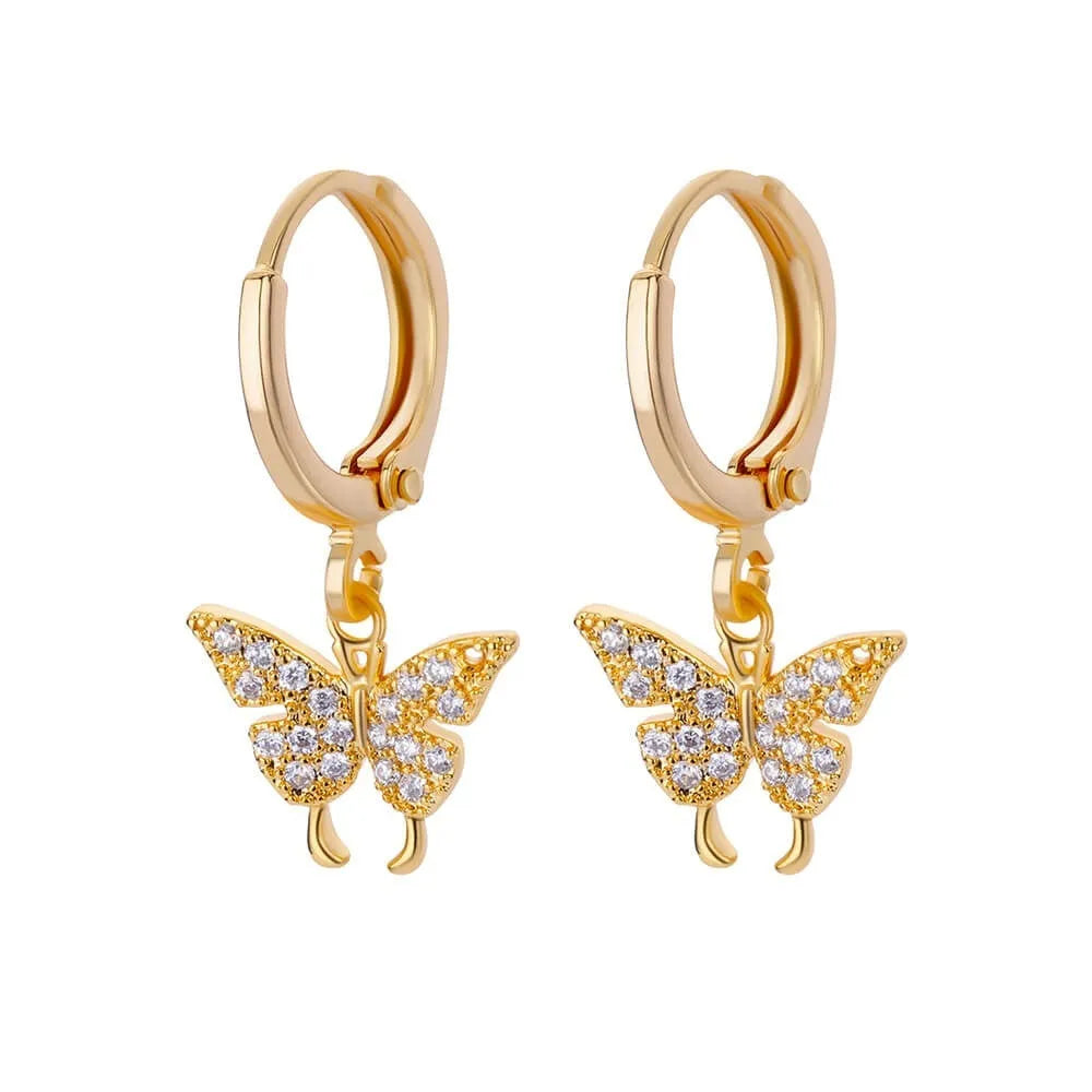 Women's geometric butterfly earrings with heart, bow and star shapes in copper with diamond finish