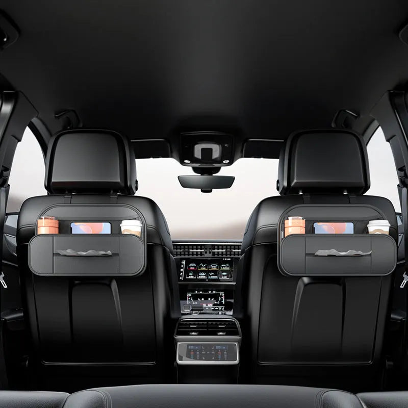 Black leather car seat back storage bag shown with dimensions 36cm wide by 24cm tall.