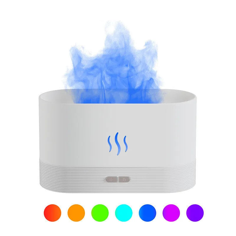 Square 180ml ultrasonic aroma diffuser with flame LED light in black, on a desk with visible mist