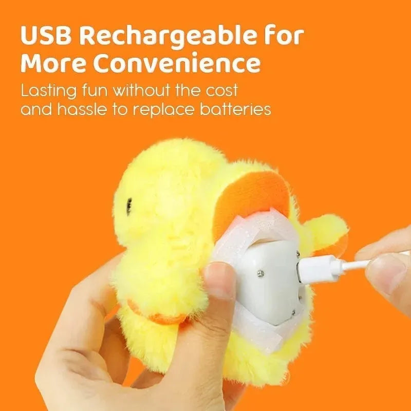 Yellow flapping duck cat toy with rechargeable battery and removable washable plush cover