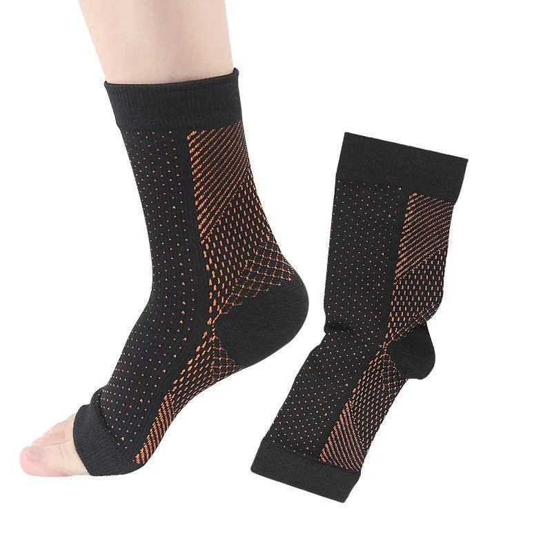 Open-toe compression foot sleeves in white and black nylon spandex with arch and ankle support for sports