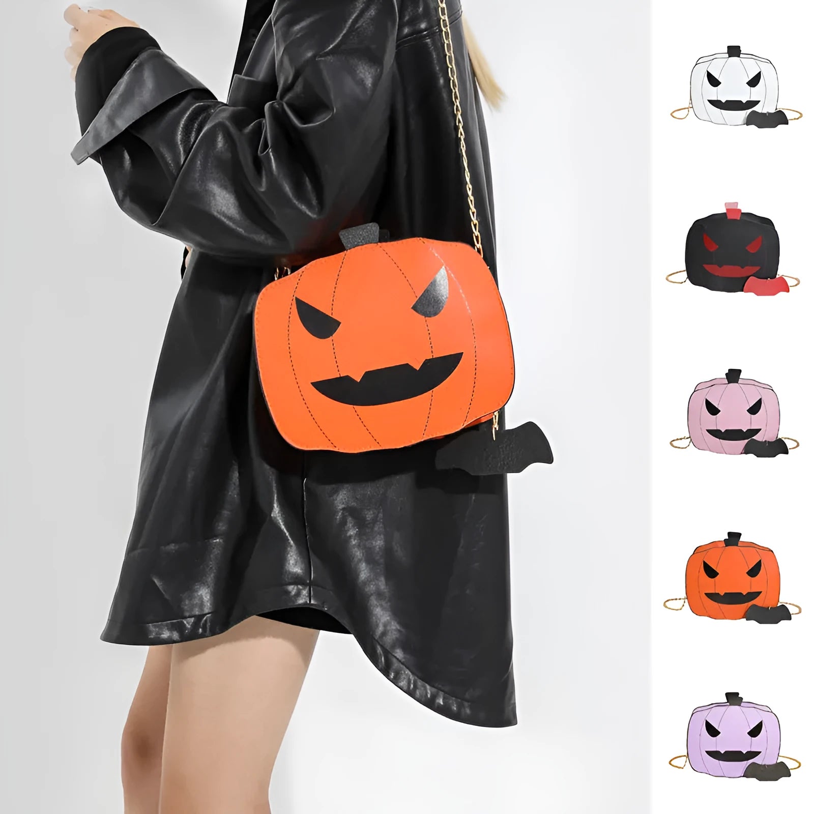 Cartoon pumpkin shoulder bag in orange with chain strap on white background
